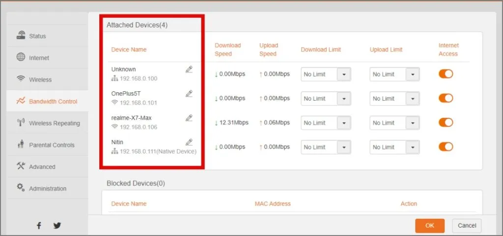 Dispositivos conectados ao roteador com conexão Wi-Fi ativa