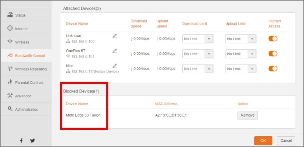 dispositivi bloccati nelle impostazioni del gateway del router