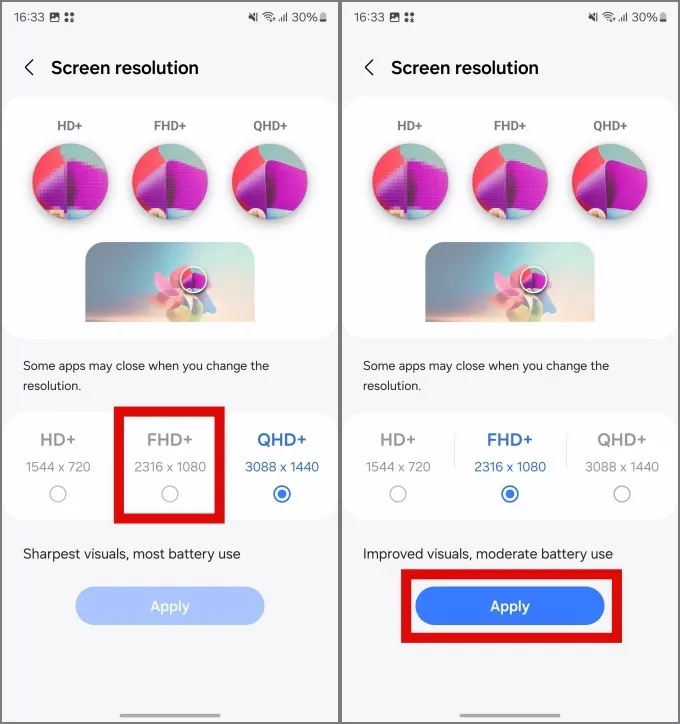 Ändern der Auflösung auf FHD+ in Samsung Galaxy-Handys