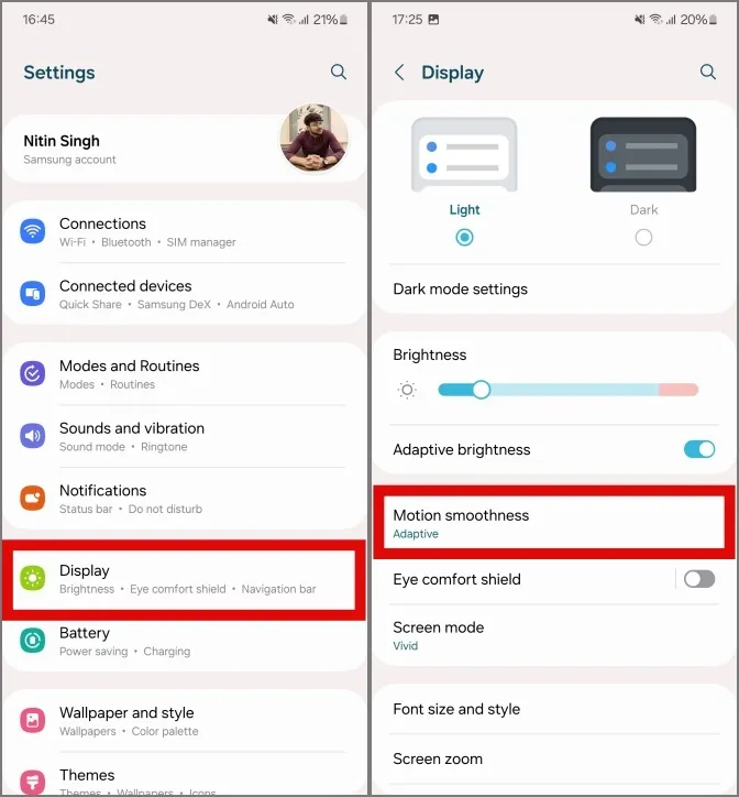 Configuración de suavidad de movimiento en teléfonos Samsung Galaxy.