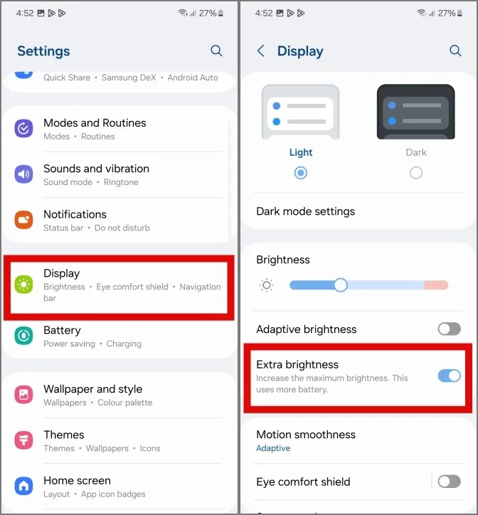 Deaktivieren Sie die Option für zusätzliche Helligkeit in der Samsung Galaxy