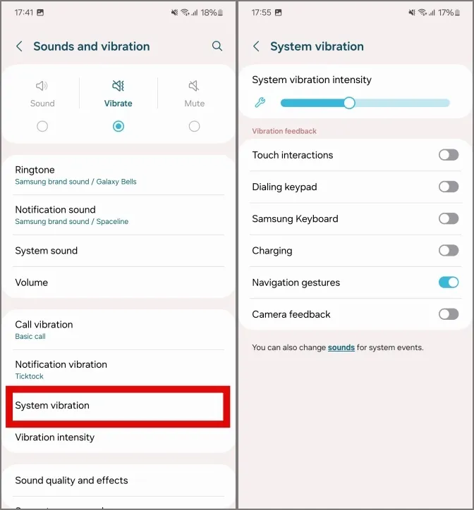 modifica delle opzioni di vibrazione del sistema in Samsung Galaxy