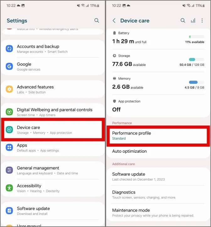 acceder a las opciones de perfil de rendimiento en teléfonos samsung galaxy