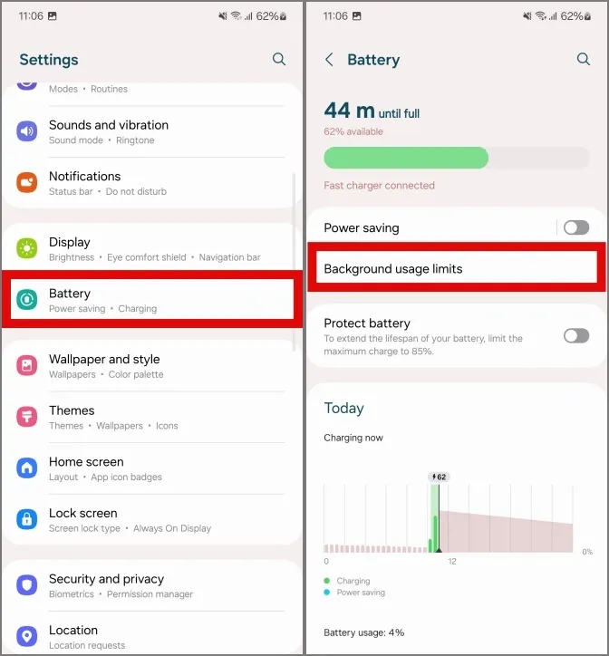 accesso alle opzioni della batteria in Samsung Galaxy