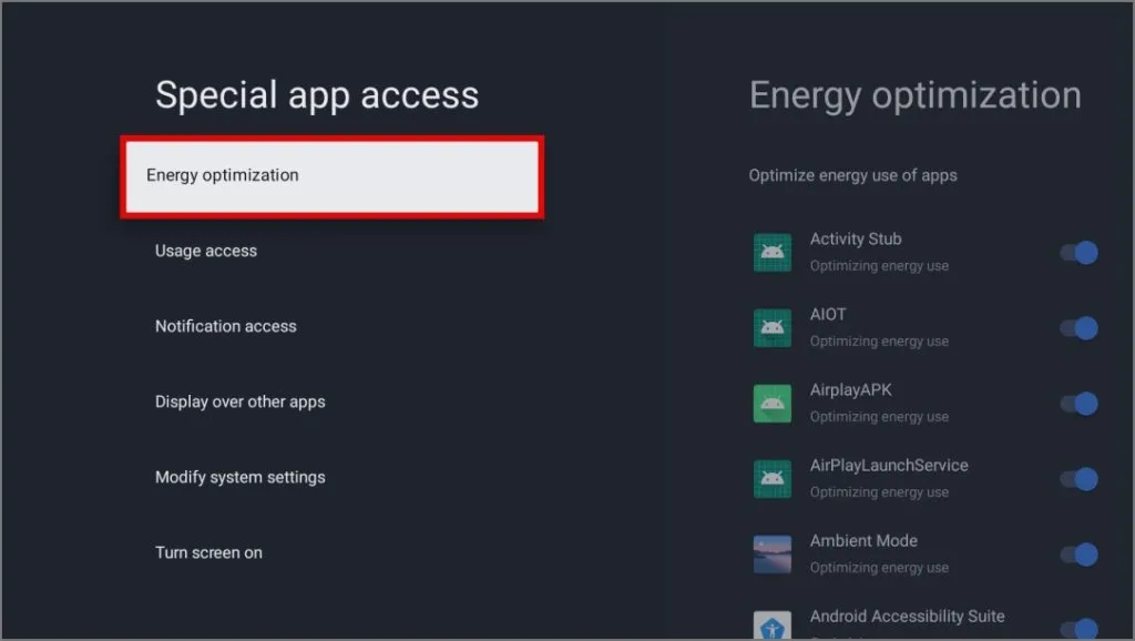 menu di ottimizzazione energetica nell'accesso speciale all'app