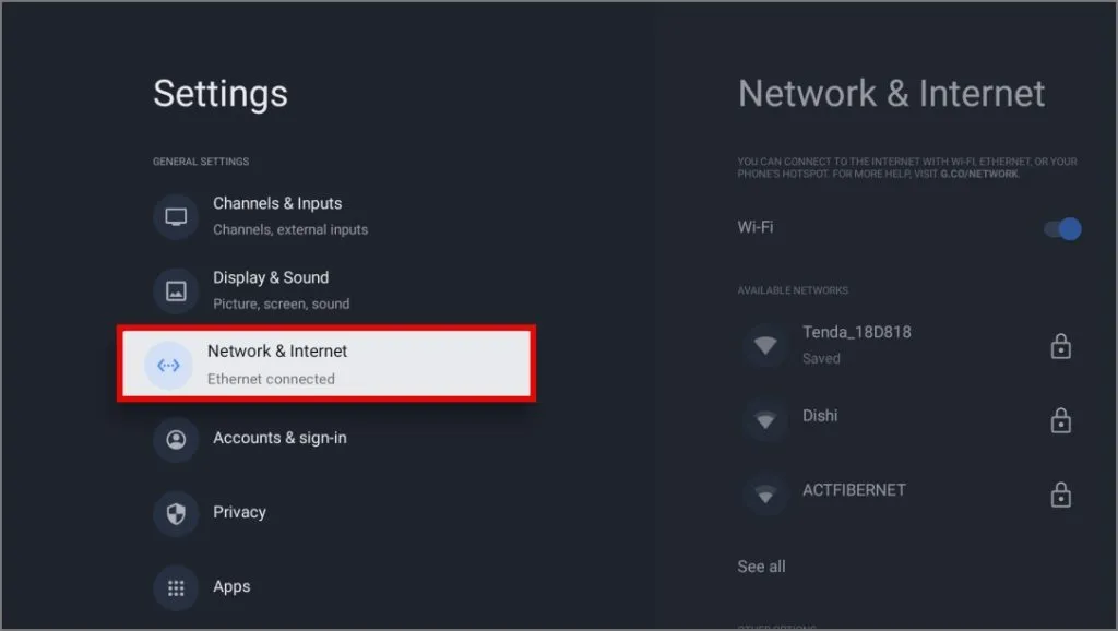 accedere alle impostazioni Wi-Fi in Google TV