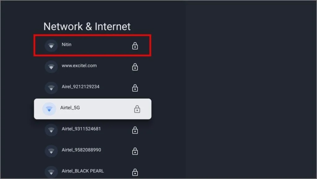 connessione all'hostpot mobile nelle impostazioni Wi-Fi di Google TV