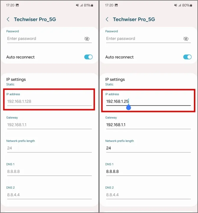 rankiniu būdu pridedant „Wi-Fi“ IP adresą „Samsung Galaxy“ telefonuose