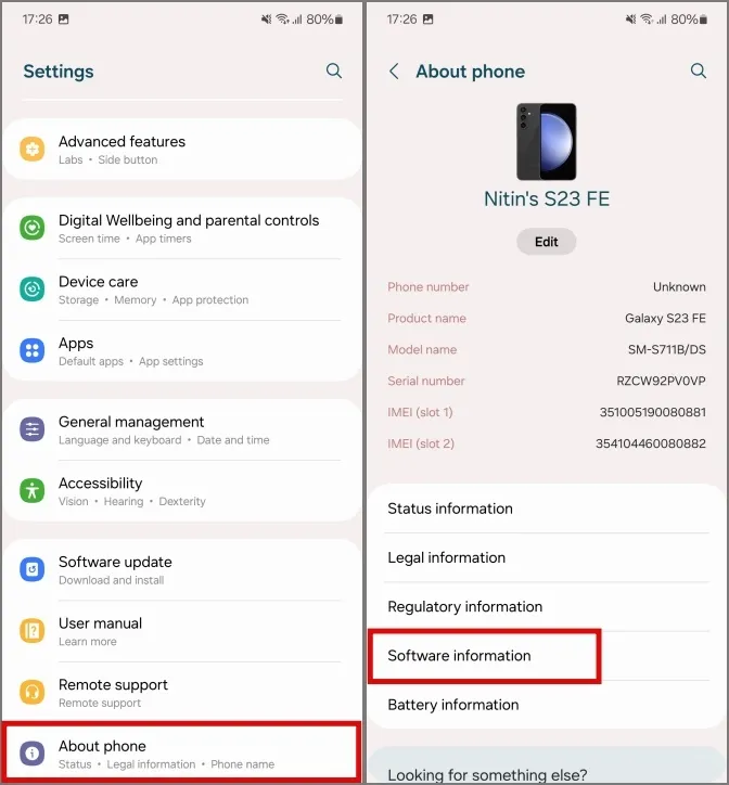 Informazioni sul software nei telefoni Samsung Galaxy