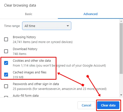 Seleziona le opzioni Cookie e Cache