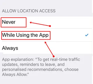 Выберите «Никогда» или «При использовании приложения».