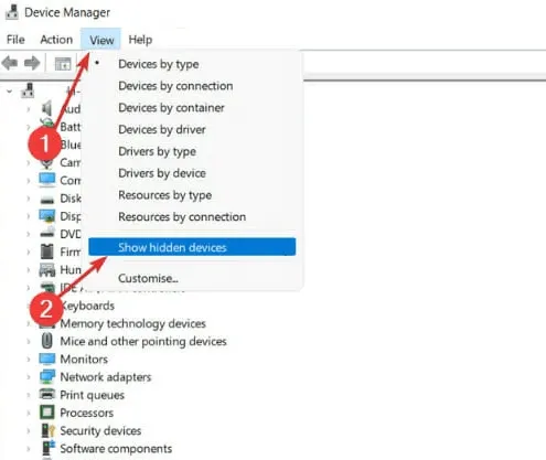 非表示のデバイスを表示する