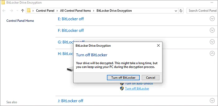 Spustelėkite 'Išjungti „Bitlocker“'