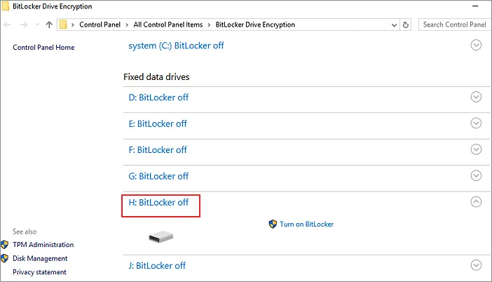 Windows에서 Bitlocker 파티션 끄기