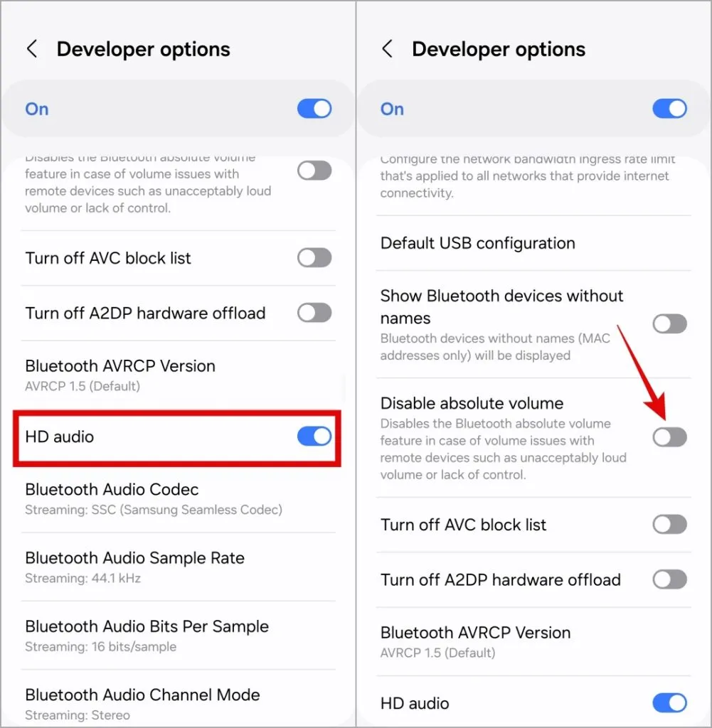 Desligue o áudio HD e o volume absoluto no Android