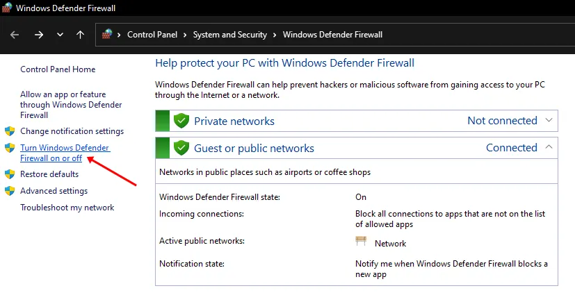 Włącz lub wyłącz Zaporę systemu Windows Defender