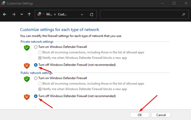 Désactivez le pare-feu Windows Defender