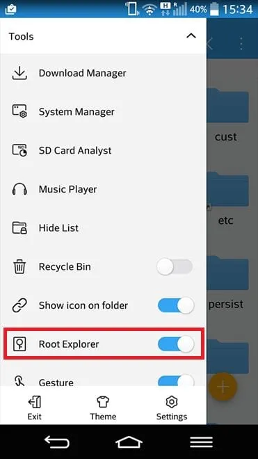 Habilite o 'Root Explorer' opção