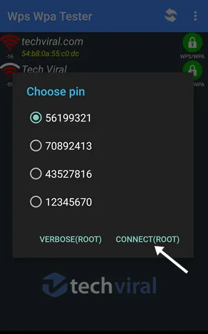 Selecione o PIN e toque em 'Conectar (Root)'