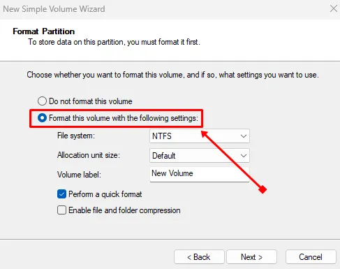 Wählen Sie „Dieses Volume formatieren“ mit den folgenden Einstellungen