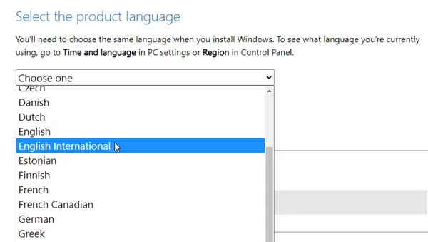 wybierz język pobierania systemu Windows 11