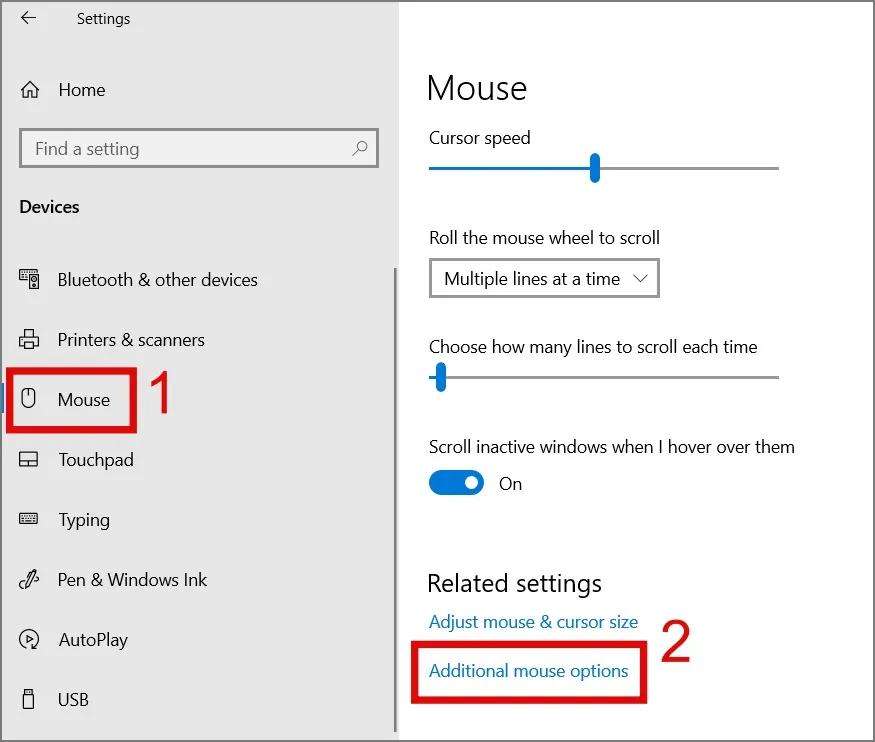 napsauta hiiren lisäasetukset - Windows 10