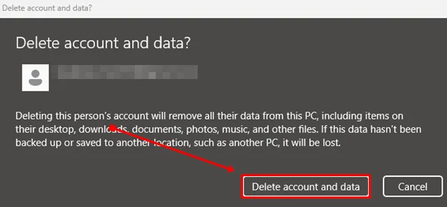 Haga clic en el botón Eliminar cuenta y datos.