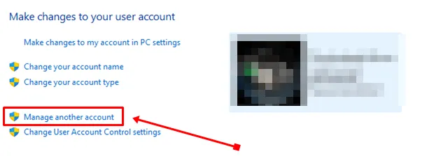 нажмите «Управление другой учетной записью»