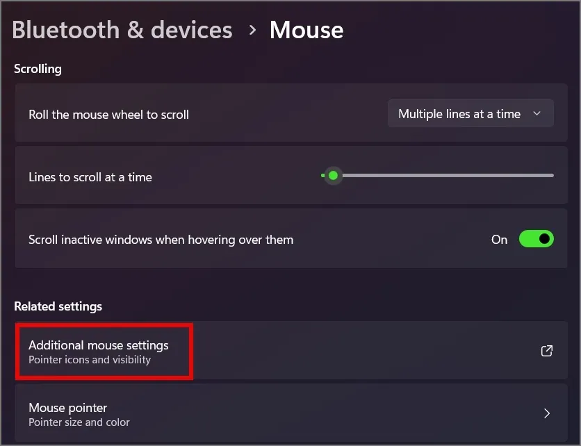 přejděte na Další nastavení myši Windows 11