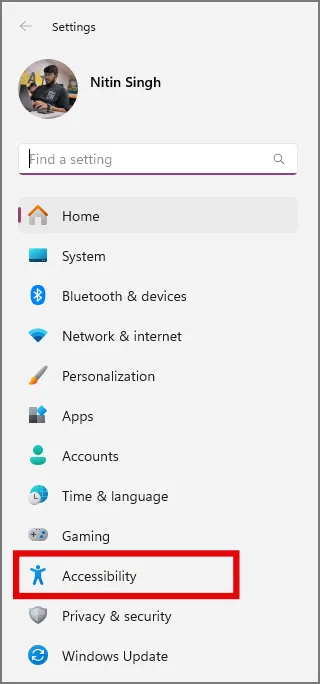 Menú de accesibilidad en la aplicación Configuración en Wndows