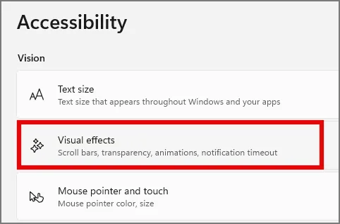 Effets visuels dans les paramètres d'accessibilité sous Windows