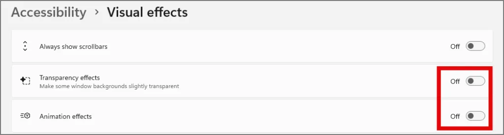 Pārredzamības un animācijas efektu izslēgšana sistēmā Windows