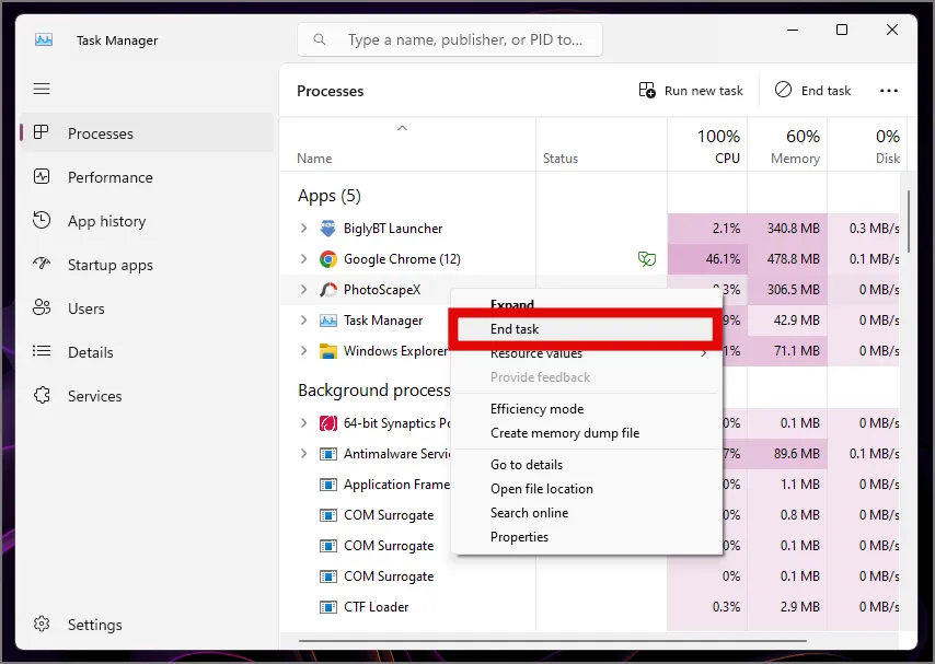 finalizar una aplicación de usuario desde el administrador de tareas en Windows