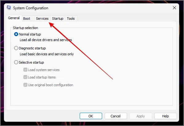 Gehen Sie zur Registerkarte „Dienste“ in der Systemkonfiguration in Windows