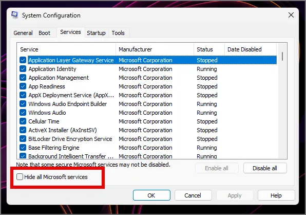 Ocultar servicios de Microsoft de la configuración del sistema en Windows