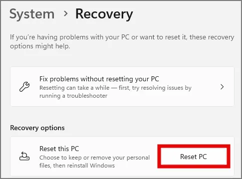 Réinitialiser les options du PC sous Windows