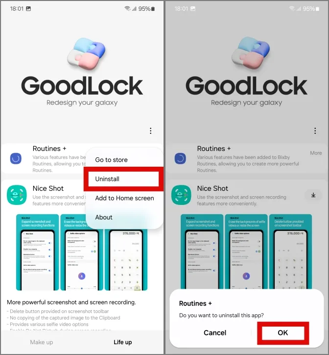 desinstalar el módulo rutina+ de goodlock en teléfonos samsung galaxy