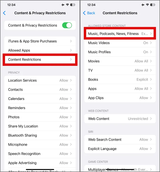 acessando as configurações de restrições de conteúdo no iPhone