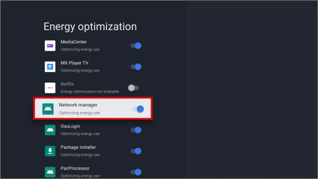 Deaktivieren der Energieoptimierung für den Netzwerkmanager