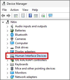 Controladores HID en el Administrador de dispositivos de Windows