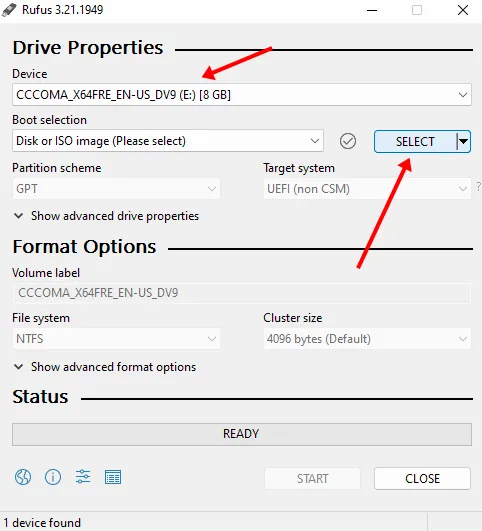 seleziona il file iso