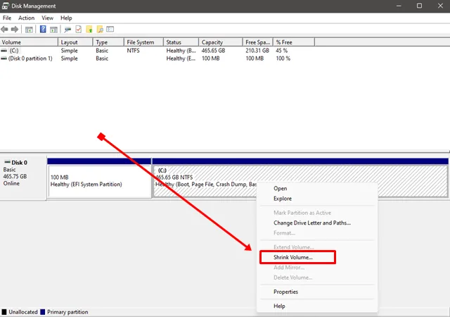 valitse Shrink Volume -vaihtoehto