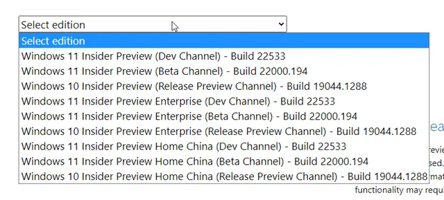 Windows 11 ISO 내부자 선택