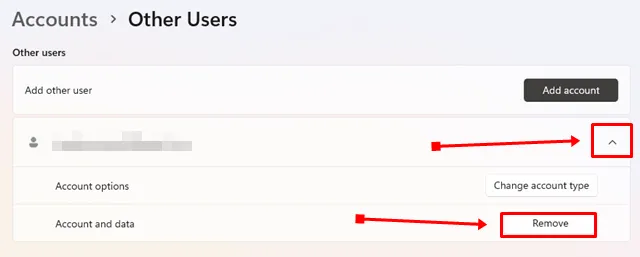 bakstelėkite mygtuką Pašalinti, esantį šalia parinkties Paskyra ir duomenys