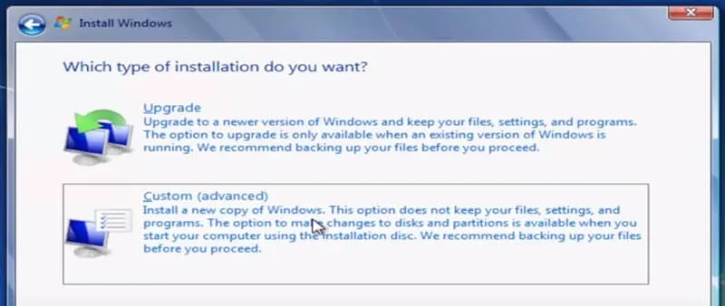 Benutzerdefiniert: Nur Windows installieren (erweitert)