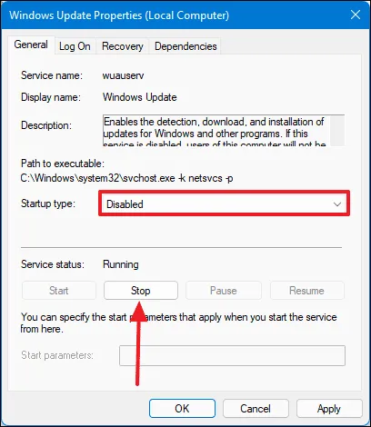 시작 유형을 비활성화로 변경하고 중지를 누르십시오.