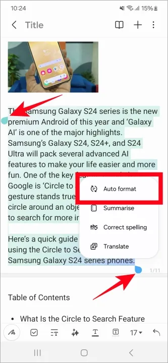 Automatické formátování s Note Assist na Galaxy S24