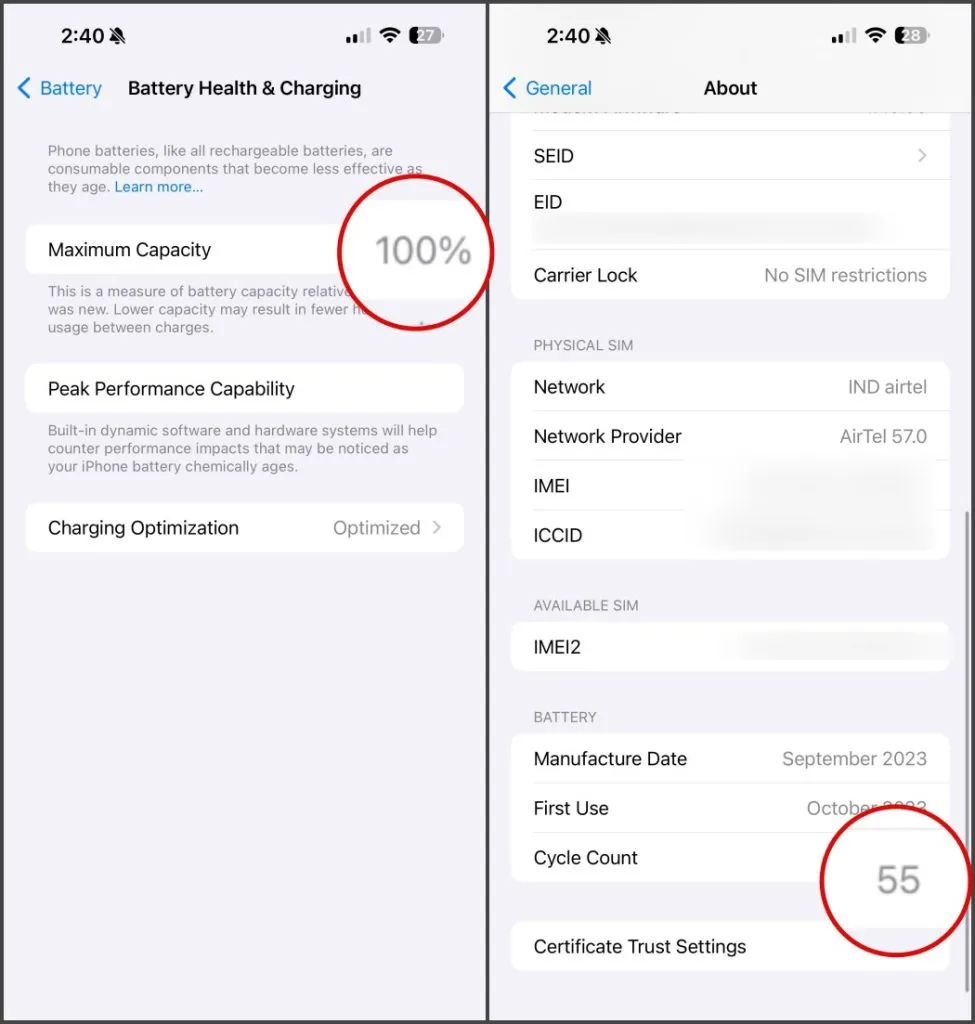 Capacité maximale de la batterie et nombre de cycles dans les paramètres de l'iPhone