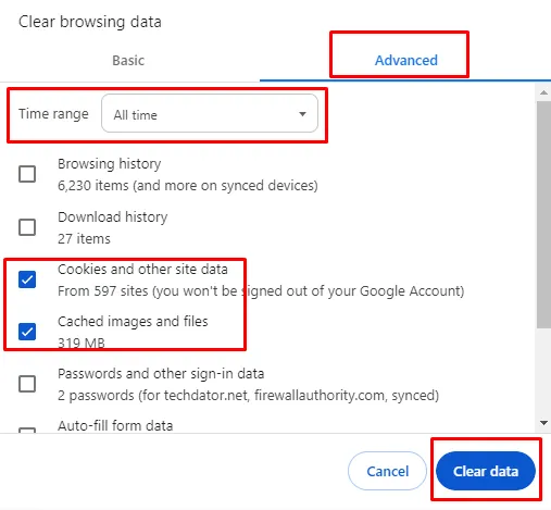 Изчистете кеша и бисквитките на chrome