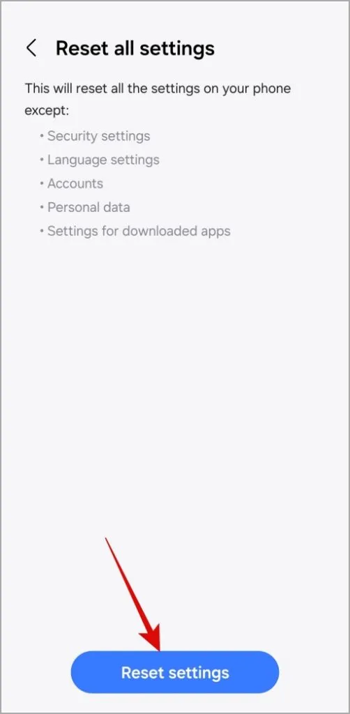 Apstipriniet Atiestatīt visus iestatījumus Android vai Samsung tālrunī